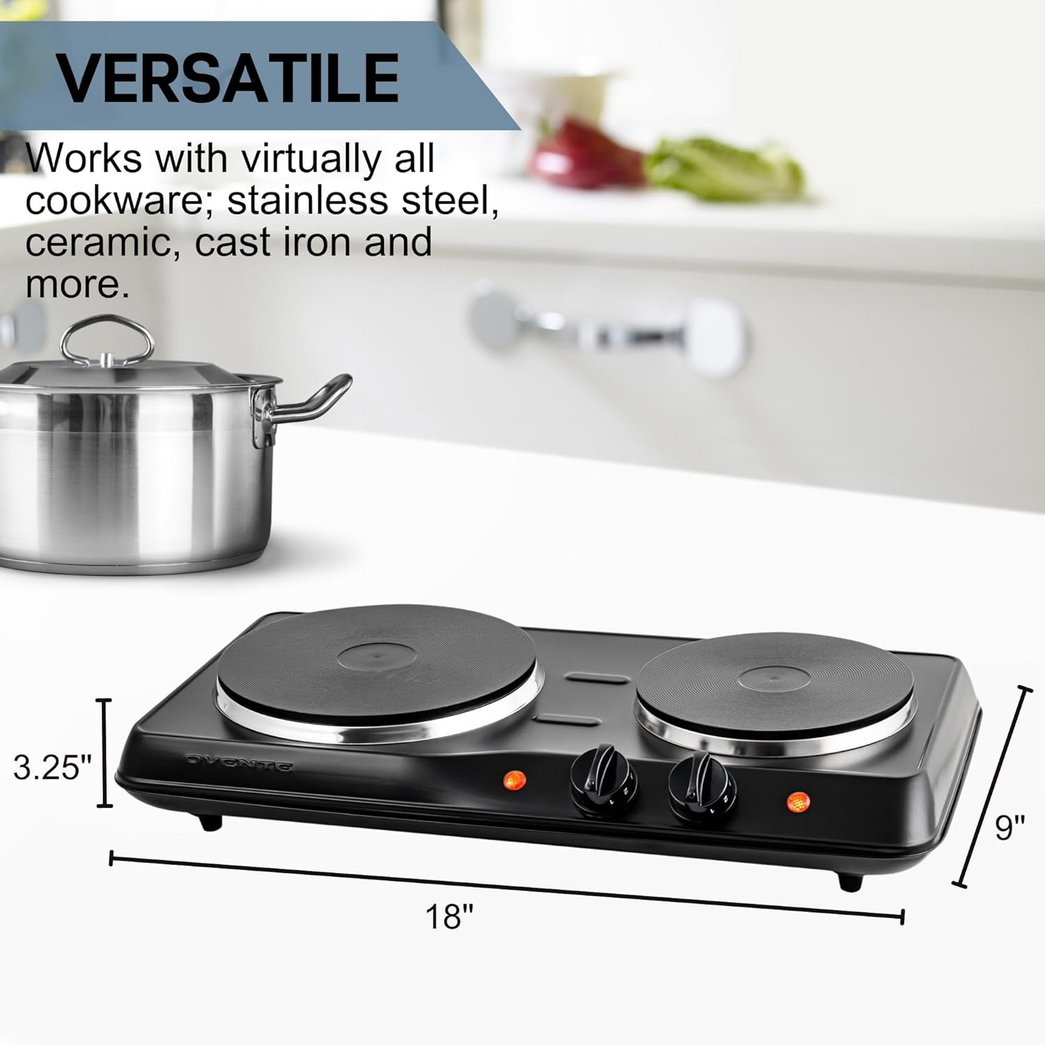 OVENTE Electric Countertop Double Burner, 1700W Cooktop with 7.25" and 6.10" Cast Iron Hot Plates, Temperature Control, Portable Cooking Stove and Easy to Clean Stainless Steel Base, Black BGS102B - Image 4
