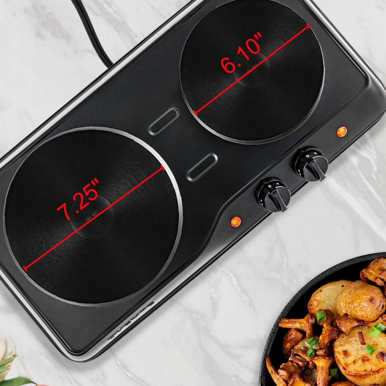 OVENTE Electric Countertop Double Burner, 1700W Cooktop with 7.25" and 6.10" Cast Iron Hot Plates, Temperature Control, Portable Cooking Stove and Easy to Clean Stainless Steel Base, Black BGS102B - Image 5